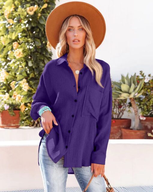 Crinkle Crepe Casual Top Button-Down Long Sleeve Shirt Loose Blouse with Pocket - Image 21