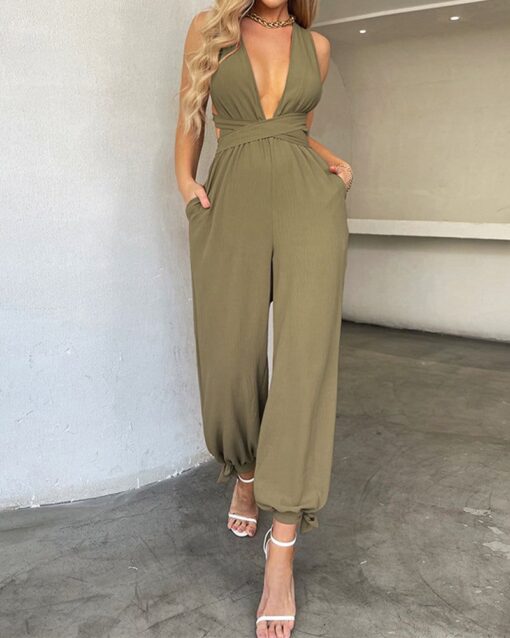 Crisscross Tie Backless Halter Jumpsuit Deep V Neck Sleeveless Jumpsuits - Image 3