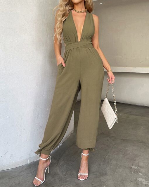 Crisscross Tie Backless Halter Jumpsuit Deep V Neck Sleeveless Jumpsuits