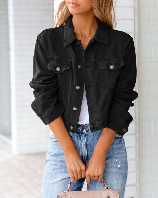 Cropped Denim Jacket Button Down Short Trucker Distressed Raw Hem Ripped Jean Jackets - Image 9