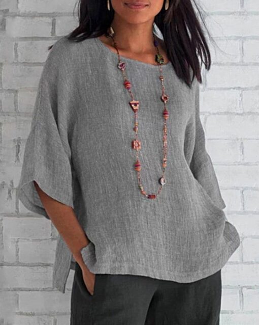 Cropped Sleeves Cotton Linen T-Shirt Boho Vintage Loose Fit Tunic Tops Plain Crewneck Tees - Image 4