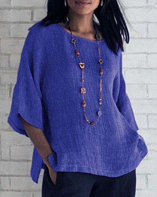 Cropped Sleeves Cotton Linen T-Shirt Boho Vintage Loose Fit Tunic Tops Plain Crewneck Tees - Image 5