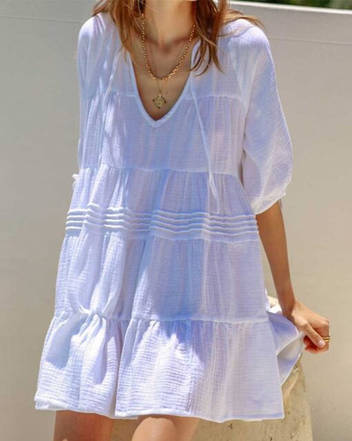 Cute Sweet Tie up V Neck Drawstring Short Sleeve Babydoll Dress Loose Tiered Ruffle Swing Tunic Mini Dress - Image 7