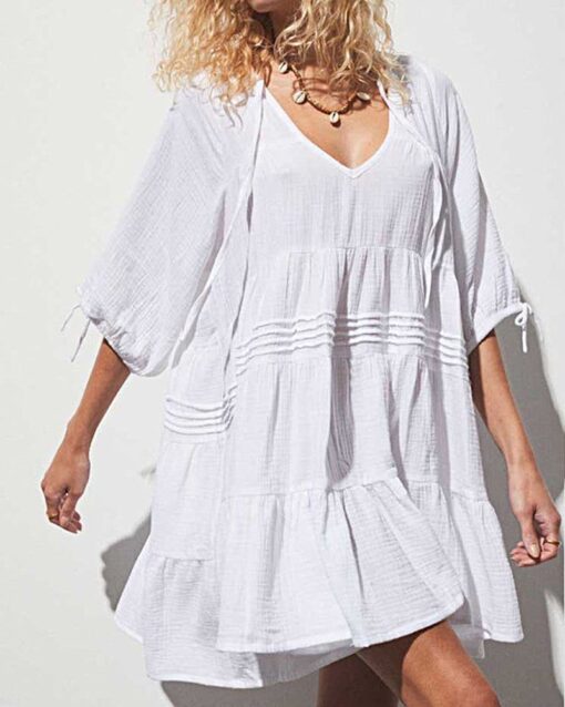 Cute Sweet Tie up V Neck Drawstring Short Sleeve Babydoll Dress Loose Tiered Ruffle Swing Tunic Mini Dress - Image 5