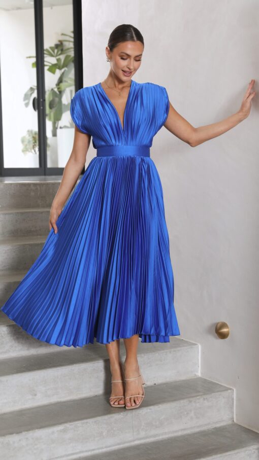 Deep V Neck Pleated Backless Formal Cocktail Party Midi Dresses - Image 6