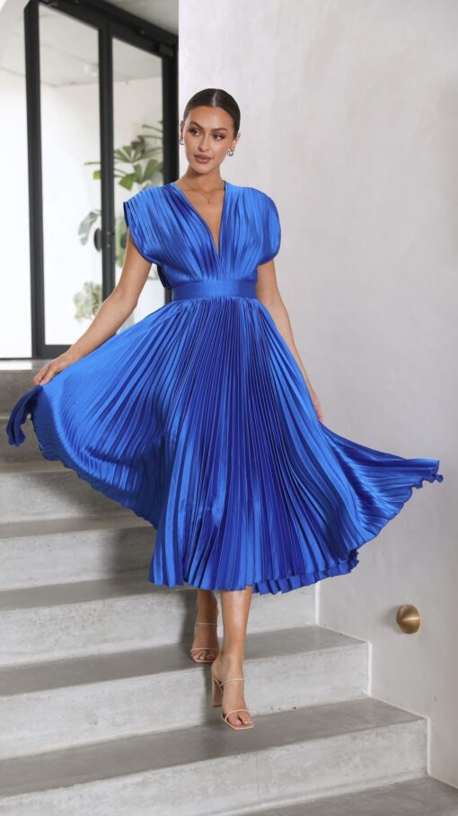 Deep V Neck Pleated Backless Formal Cocktail Party Midi Dresses - Image 4