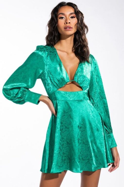 Deep V-Neck Long Puff Sleeve Cutout Mini Dresses