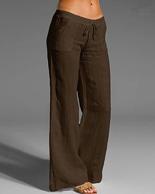 Drawstring Elastic Waist Linen Pants with Pocket Summer Wide Leg Pant Palazzo Trousers - Image 3