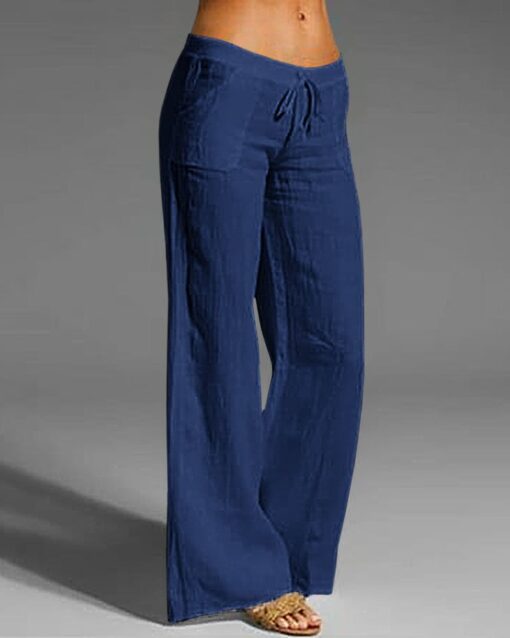 Drawstring Elastic Waist Linen Pants with Pocket Summer Wide Leg Pant Palazzo Trousers - Image 2