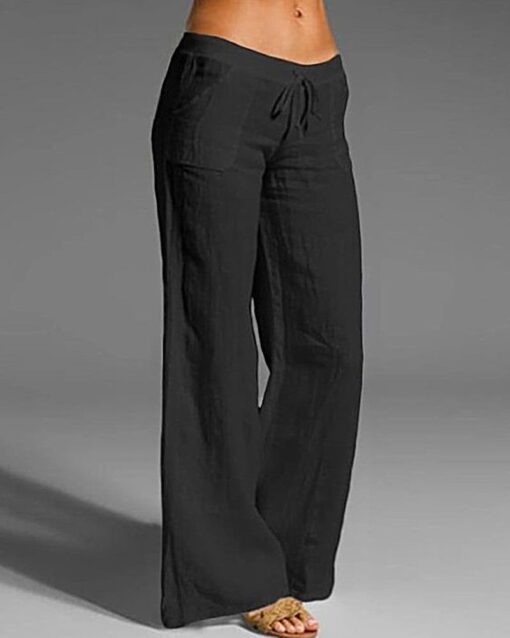 Drawstring Elastic Waist Linen Pants with Pocket Summer Wide Leg Pant Palazzo Trousers - Image 4