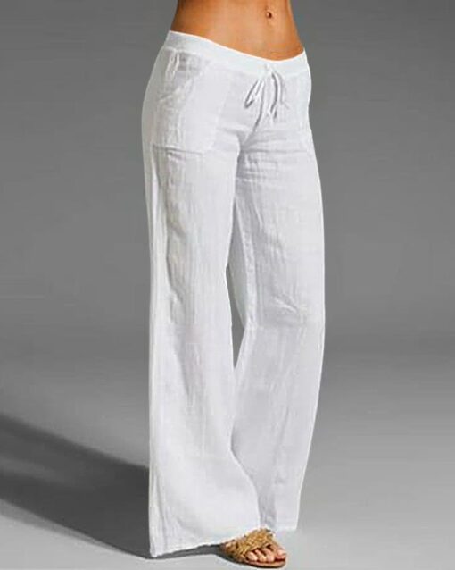 Drawstring Elastic Waist Linen Pants with Pocket Summer Wide Leg Pant Palazzo Trousers - Image 7