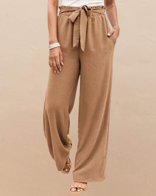 Drawstring Loose Wide Leg Trousers High-Waisted Tied Belt Palazzo Pants Baggy - Image 10