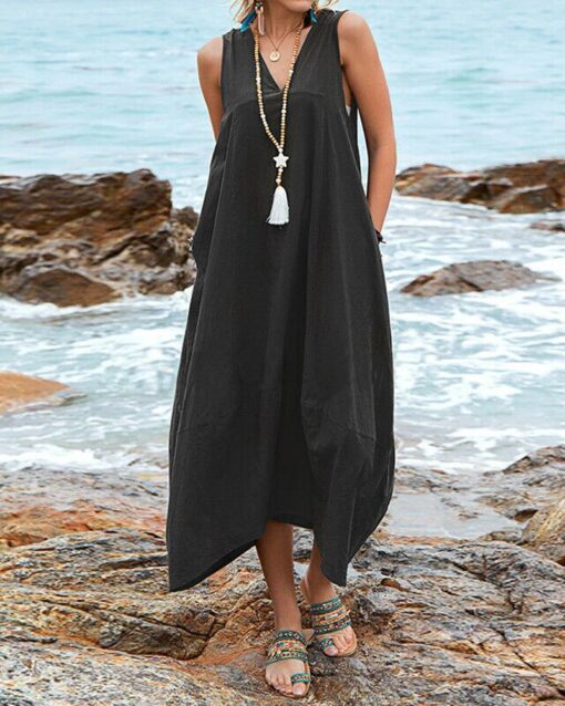 Dress V Neck Sundress Casual Solid Baggy Maxi Flowy Dresses with Pockets - Image 6