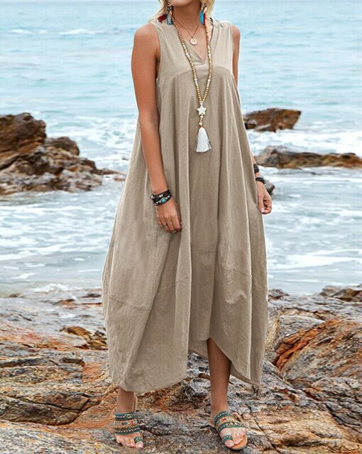 Dress V Neck Sundress Casual Solid Baggy Maxi Flowy Dresses with Pockets - Image 3