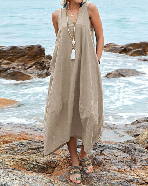 Dress V Neck Sundress Casual Solid Baggy Maxi Flowy Dresses with Pockets - Image 5