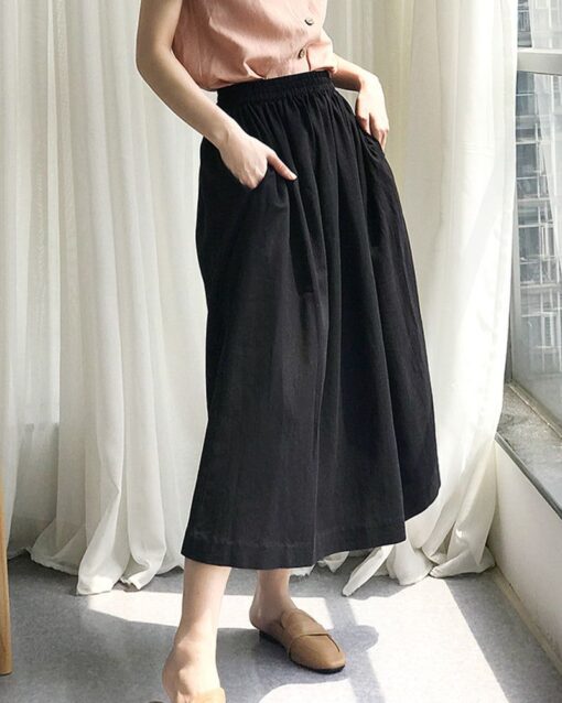 Elastic Waist Cotton Linen Big Swing A-line Skirt - Image 9