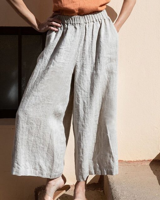 Elastic Waist Cotton Linen High Waist Wide Leg Pants - Image 8