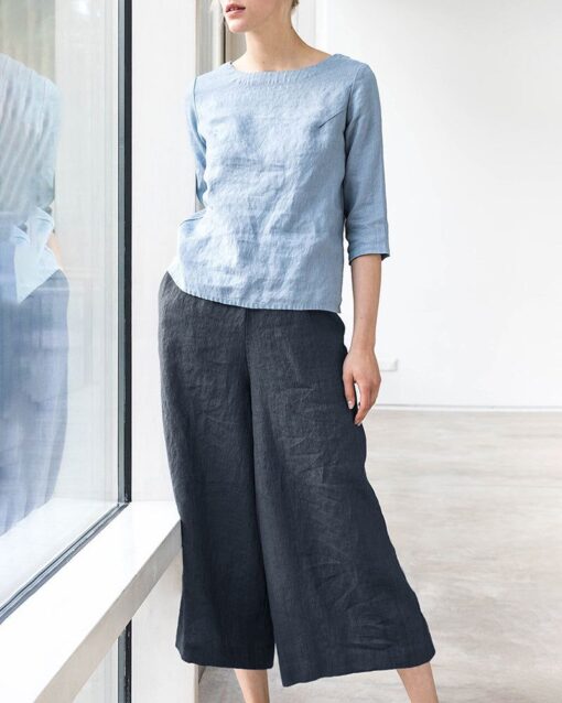 Elastic Waist Cotton Linen High Waist Wide Leg Pants - Image 5