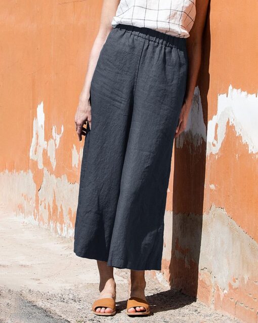 Elastic Waist Cotton Linen High Waist Wide Leg Pants - Image 9