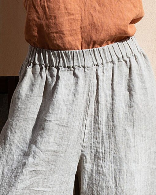 Elastic Waist Cotton Linen High Waist Wide Leg Pants - Image 2