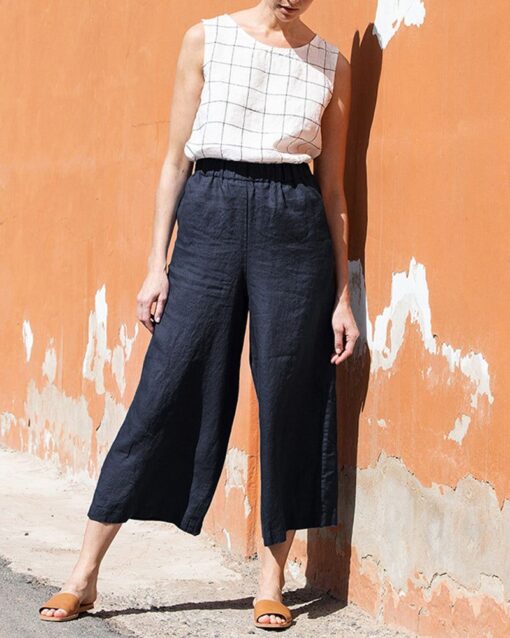 Elastic Waist Cotton Linen High Waist Wide Leg Pants - Image 6