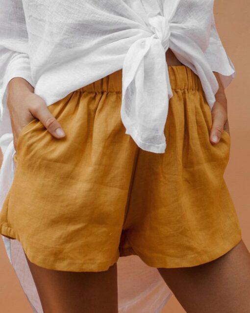 Elastic Waist Cotton Linen Wide Leg Shorts with Pocket - Image 2