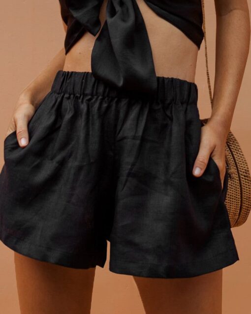 Elastic Waist Cotton Linen Wide Leg Shorts with Pocket - Image 7