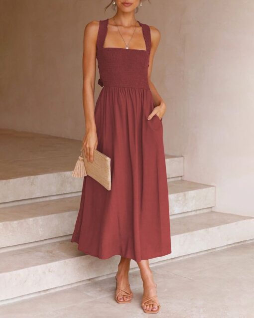 Elastic Waist Cross Straps Solid Casual Dress Sleeveless A-Line Summer Maxi Dress