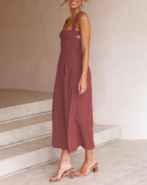 Elastic Waist Cross Straps Solid Casual Dress Sleeveless A-Line Summer Maxi Dress - Image 3