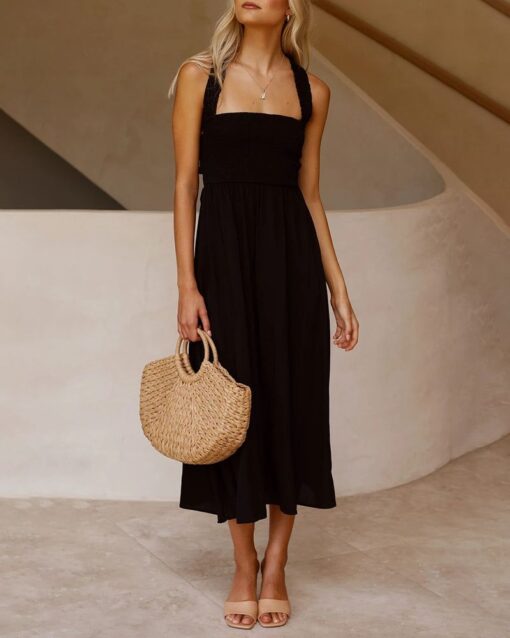 Elastic Waist Cross Straps Solid Casual Dress Sleeveless A-Line Summer Maxi Dress - Image 7