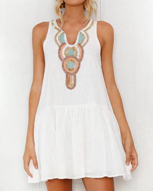 Embroidery Printed Pleated Sleeveless A Line Mini Dress Beach Dresses - Image 4