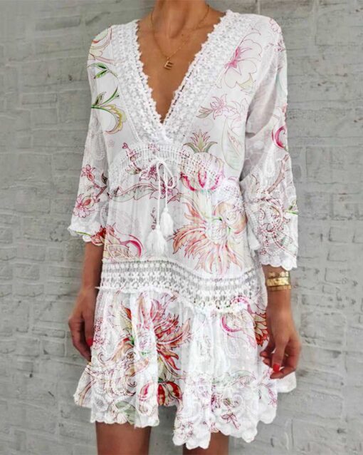 Floral Print A-line Party Dress Spring Summer V neck Lace Tassel Mini Solid Color Boho Dresses - Image 2