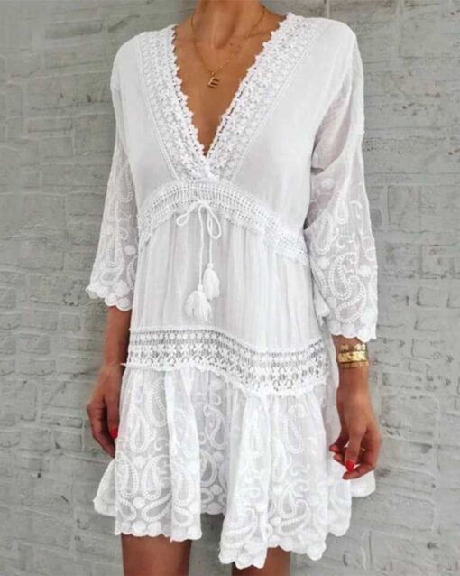 Floral Print A-line Party Dress Spring Summer V neck Lace Tassel Mini Solid Color Boho Dresses - Image 3