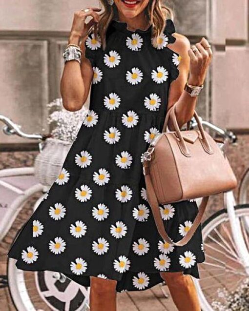 Full Neck Shirts Dresses Summer Short Sleeve Floral Print Dress Maxi Midi Bohemian Tunic Sun Dresses - Image 3