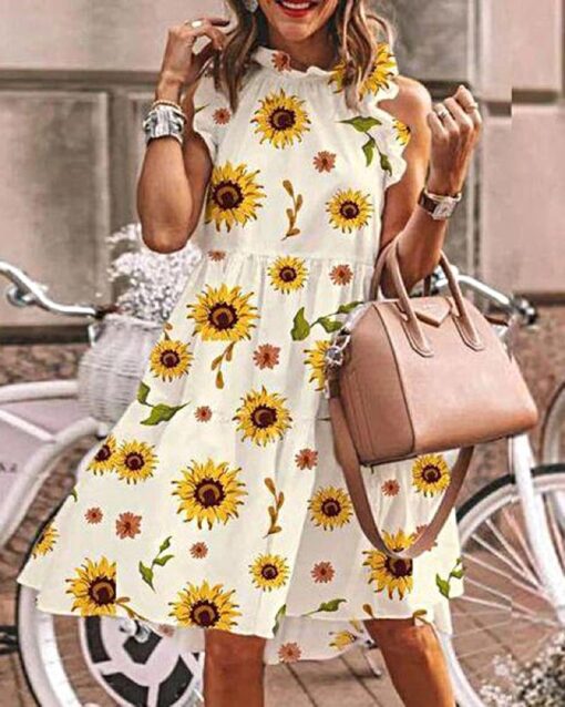 Full Neck Shirts Dresses Summer Short Sleeve Floral Print Dress Maxi Midi Bohemian Tunic Sun Dresses - Image 4