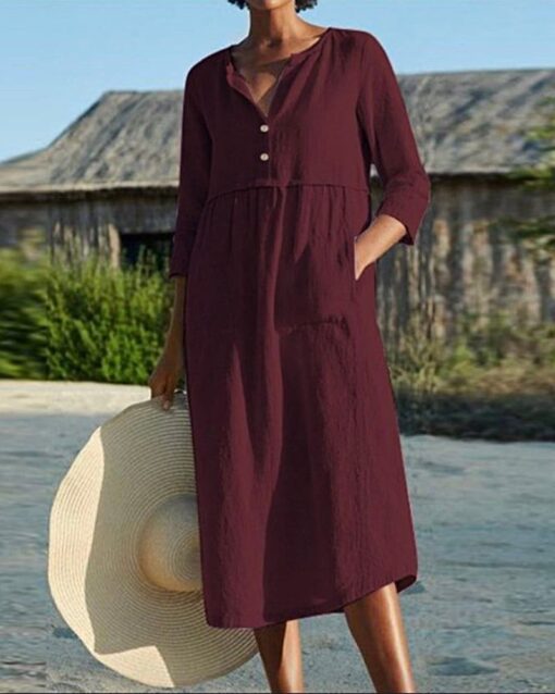 Half Sleeve V Neck Button Midi Dress 3/4 Sleeve A-line And Flare Long Dress - Image 3