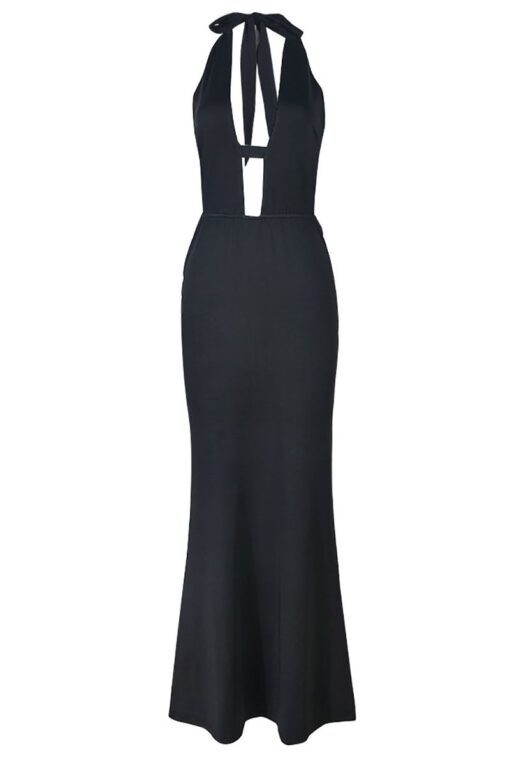 Halter Front Cit Out Back Tied Up Formal Party Fishtail Maxi Dress - Image 5