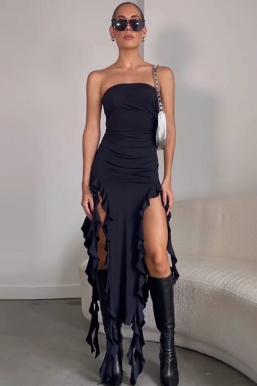 High Slit Ruffle Fringed Party Bodycon Tube Maxi Dress - Image 2