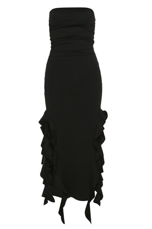 High Slit Ruffle Fringed Party Bodycon Tube Maxi Dress - Image 22