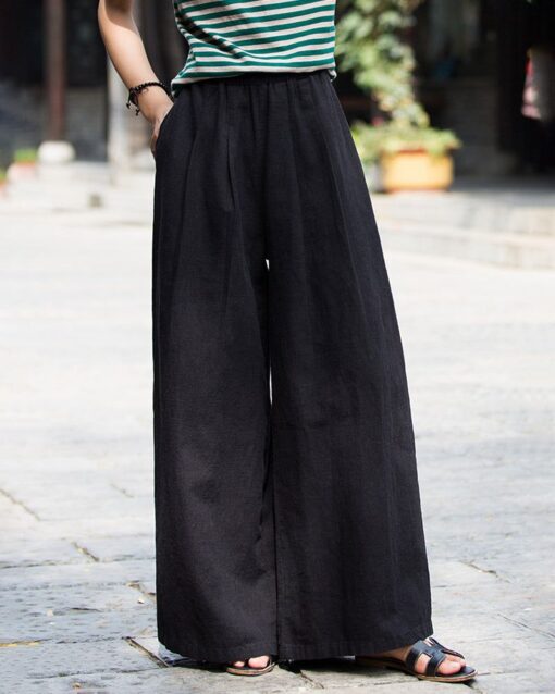 High Waist Casual Cotton Linen Wide Leg Jogging Harem Pants - Image 10