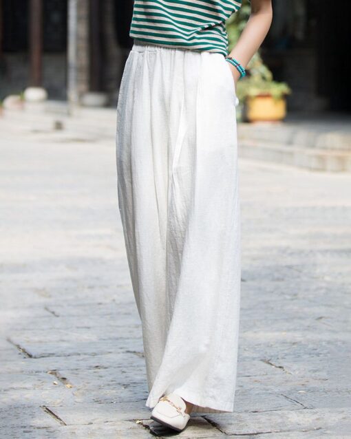 High Waist Casual Cotton Linen Wide Leg Jogging Harem Pants - Image 7