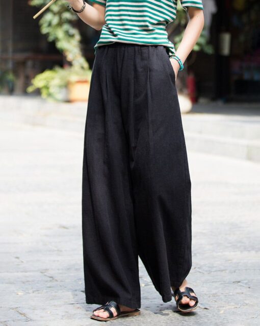 High Waist Casual Cotton Linen Wide Leg Jogging Harem Pants - Image 11