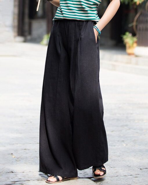 High Waist Casual Cotton Linen Wide Leg Jogging Harem Pants - Image 12