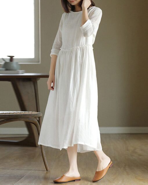 High Waist Slimming Loose Round Neck Long Dresses with Belt