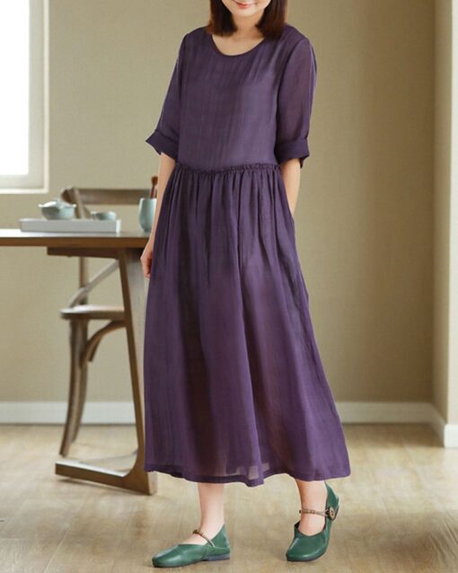 High Waist Slimming Loose Round Neck Long Dresses with Belt - Image 7