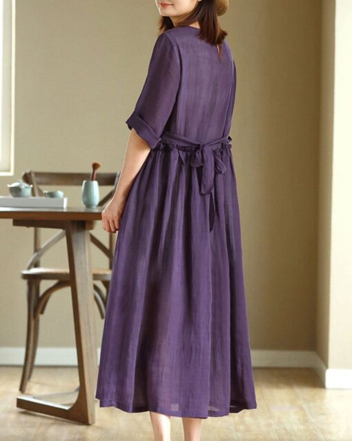 High Waist Slimming Loose Round Neck Long Dresses with Belt - Image 5