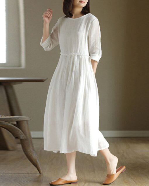 High Waist Slimming Loose Round Neck Long Dresses with Belt - Image 6