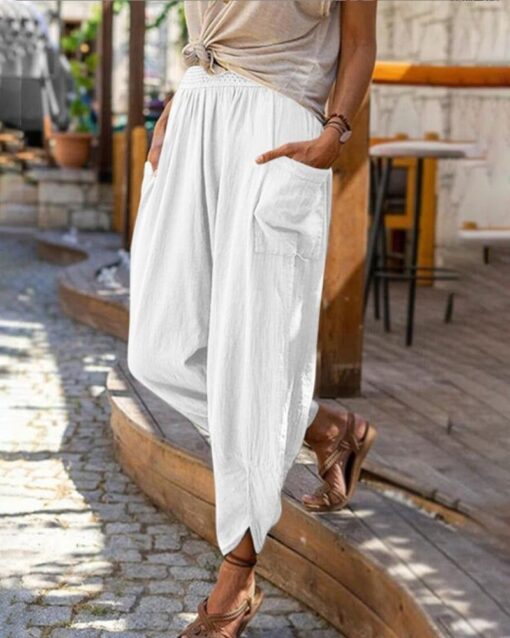 High Waist Solid Color Easy Trousers Long Pants - Image 11