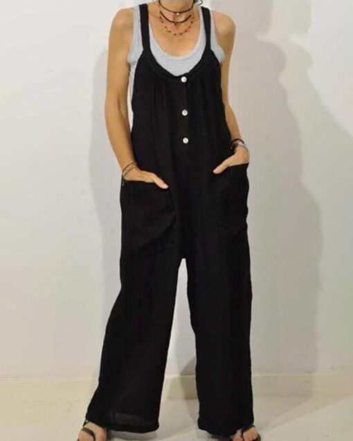 High Waist Wide Leg Overalls Jumpsuits Retro Plain Braces Overall Rompers with Button - Image 2