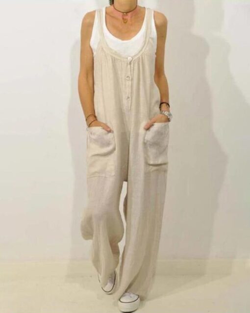 High Waist Wide Leg Overalls Jumpsuits Retro Plain Braces Overall Rompers with Button - Image 3